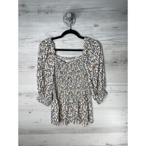 Max Studio Blouse Womens Large White Floral Smocked Peasant Square Neck Boho